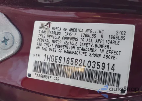 2002 Honda Civic Lx from USA, damaged, VIN 1HGES16562L035914